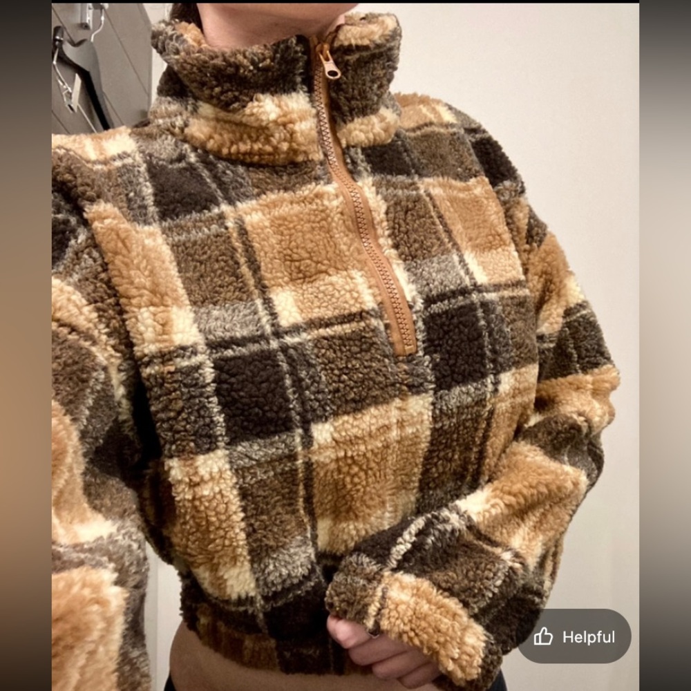 ROMWE 🤎 1/2 Zip Crop Plaid Teddy Jacket - Picture 13 of 14